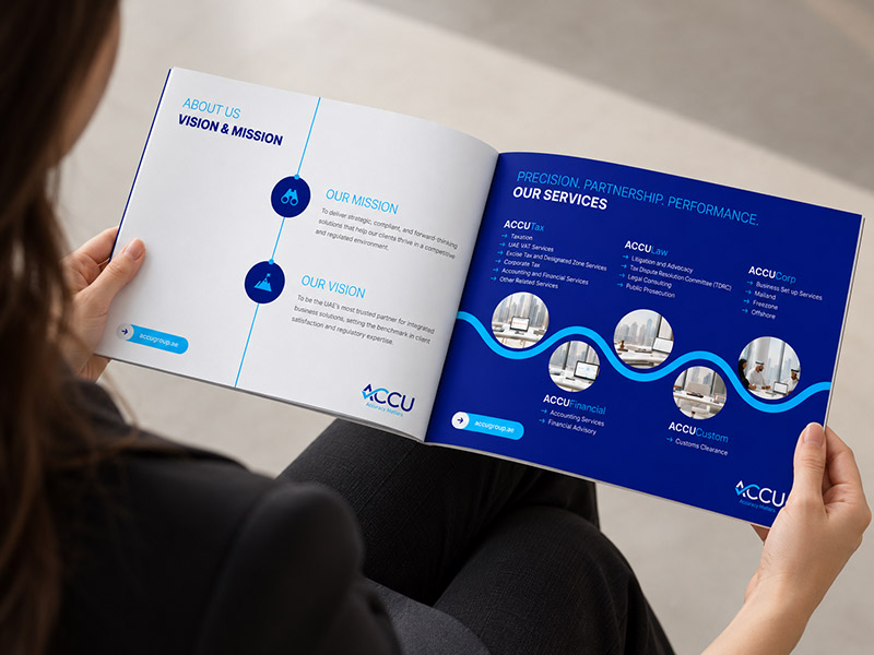 ACCU Group company profile brochure open on the services spread, designed in Dubai