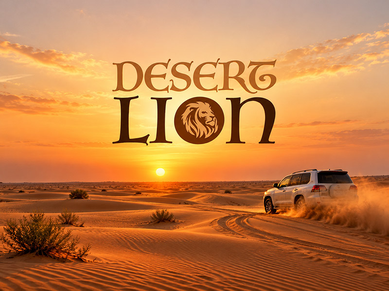 Desert Lion desert safari logo over Dubai dunes at sunset, designed in Dubai