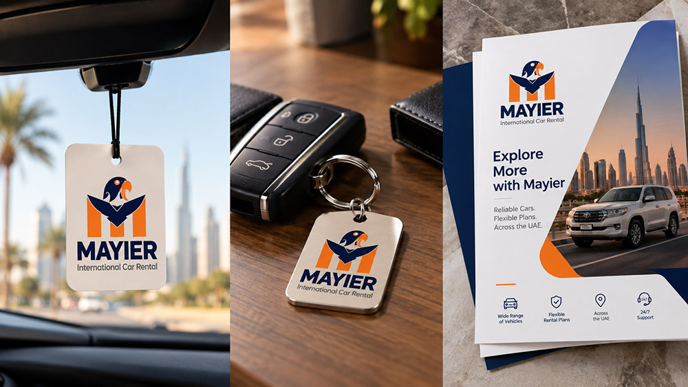 Graphic design company in Dubai: Mayier air freshener, key tag and flyer designs
