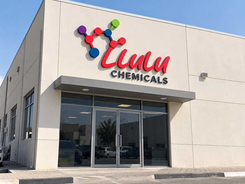 Lulu Chemicals logo on building signage, designed in Dubai