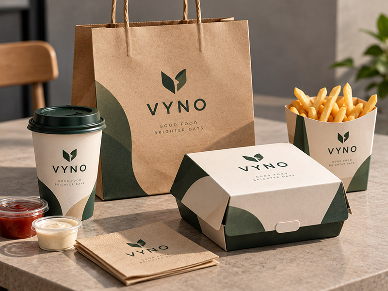 Packaging design company in Dubai: Vyno food packaging, cups, bags and boxes