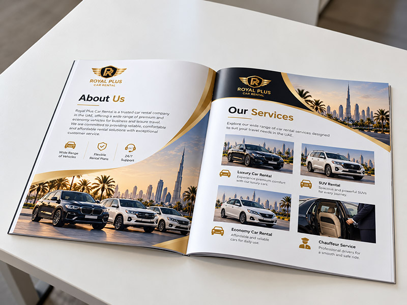 Brochure and company profile design company in Dubai: Royal Plus Car Rental brochure
