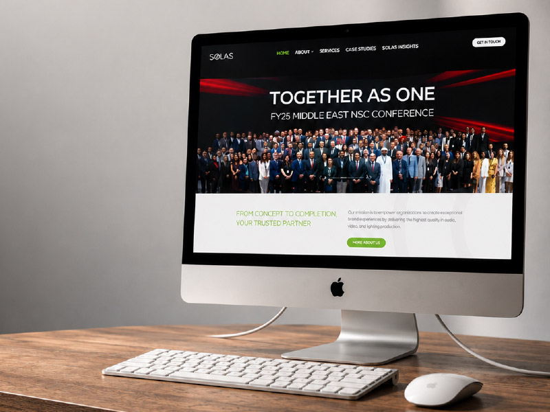 Solas corporate events website on a desktop screen, designed in Dubai